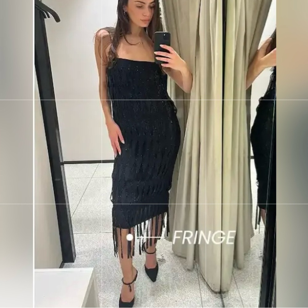 New Zara $160 Sequinned Black Dress with Fringing 9363/122 M-L Medium Large